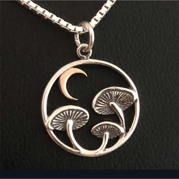 Sterling Silver titanium mushrooms and moon goth earthy boho necklace new - Picture 3 of 6